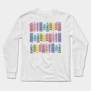 Facades of old canal houses from Amsterdam City rainbow color illustration Long Sleeve T-Shirt